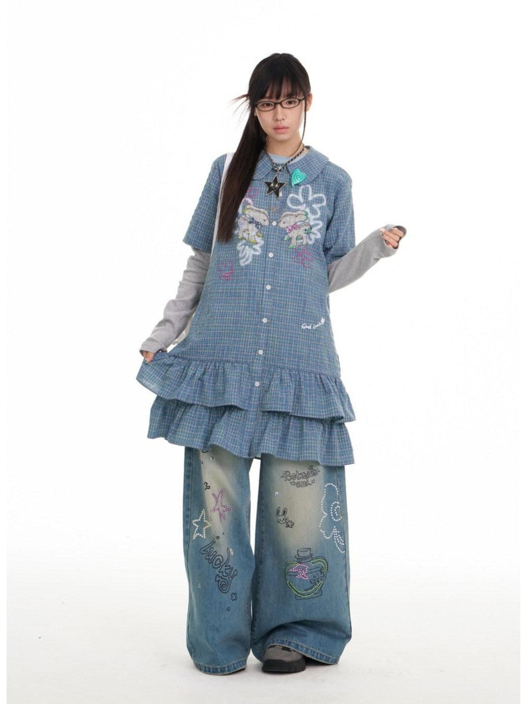 Blue Deer Print Gingham Doll Collar Women's Polyester Casual Mini Dresses