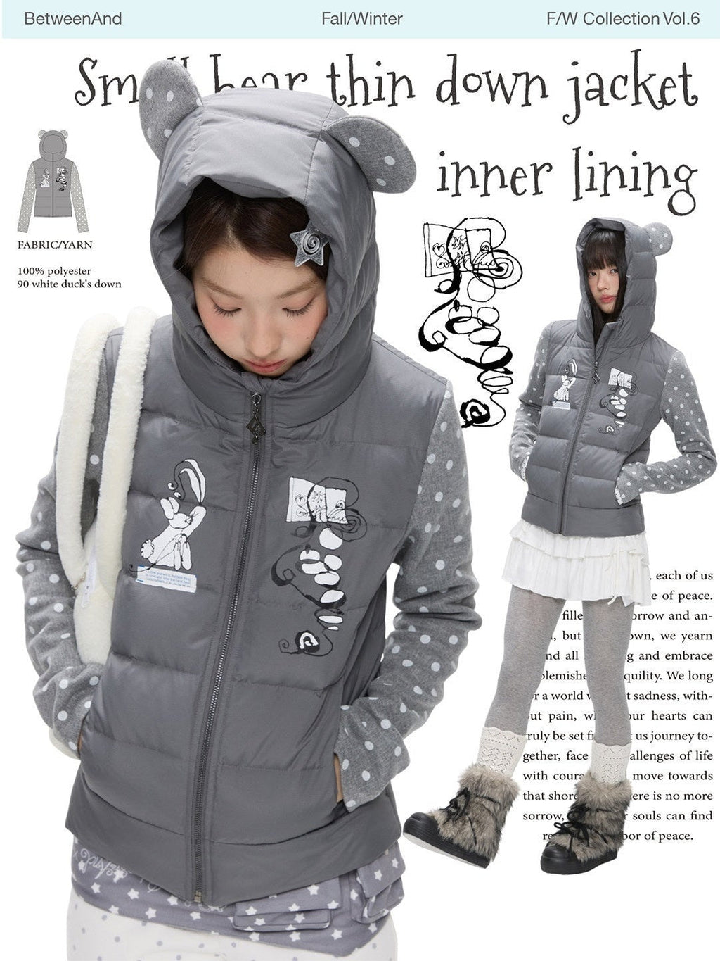 Bear Ear Hooded Cute Bear Print 90 White Duck Women's Polyester Down Jackets