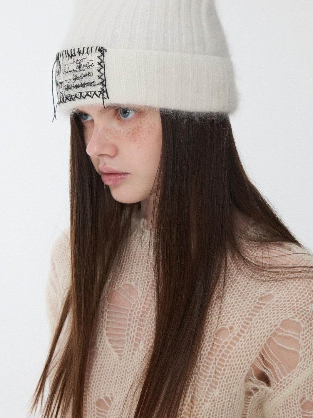 Cat Ear Hand Sewn Label Solid Color Women's Long Rabbit Fur Knit Beanies