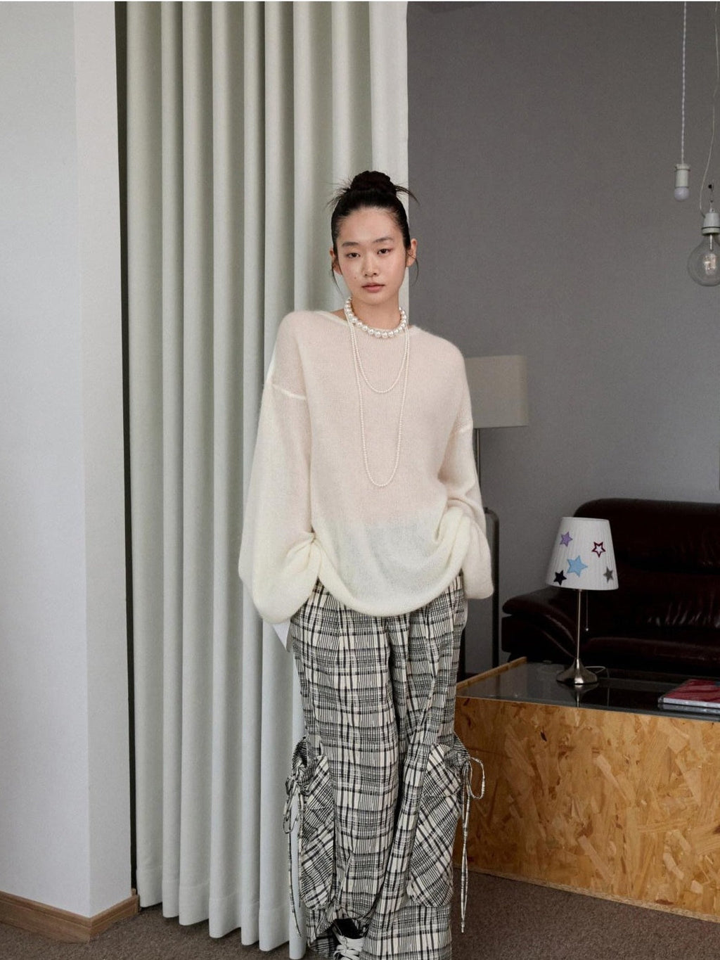 Striped Patchwork Drop Shoulder Loose Knit Women's Mohair Long Sleeve T-shirts