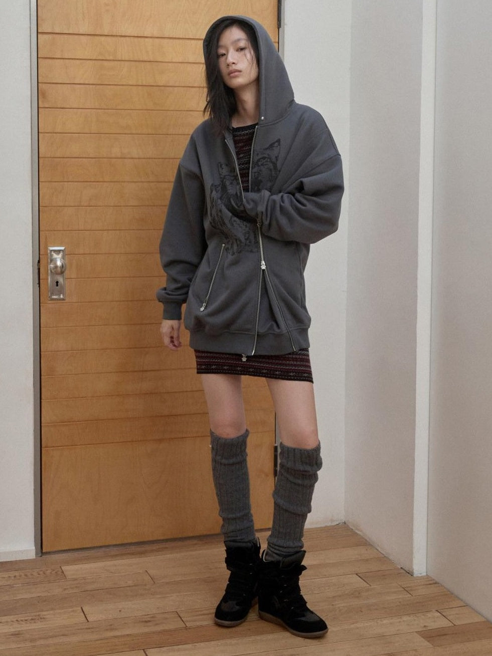 Cat Print Double Zipper Drop Shoulder Women's Straight Cut Zip-up Hoodies