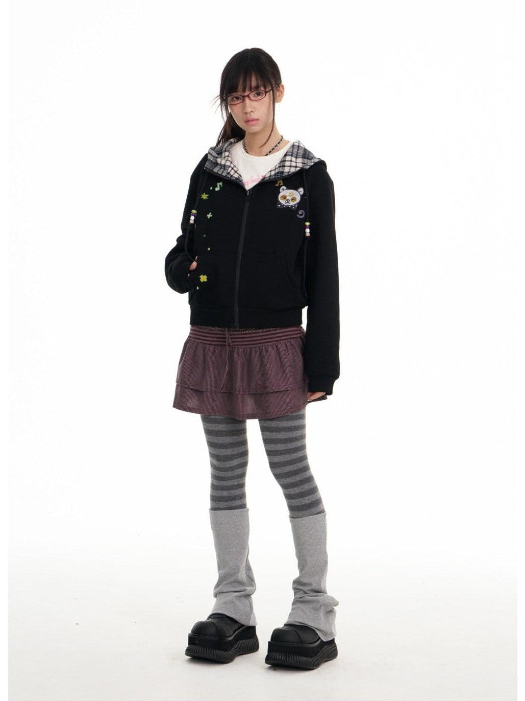 Black Plaid Reversible Hooded Women's Cotton Blend Zip-up Hoodies