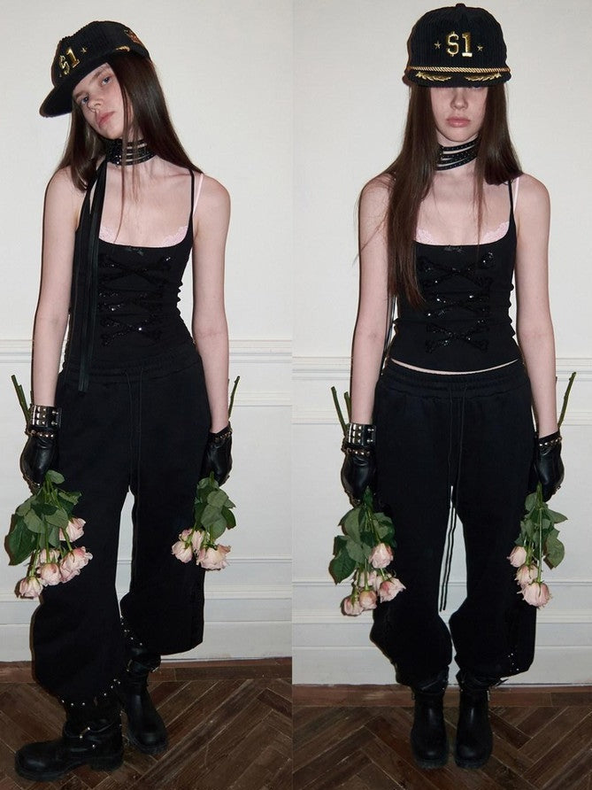 Vintage Bone Sequin Embroidery Stand Collar Cropped Women's Cotton Tracksuit Sets