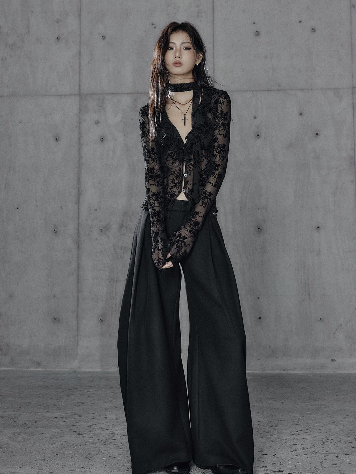 Black Wool Blend Low Rise Zipper Casual Straight Hem Women Wide Leg Pants