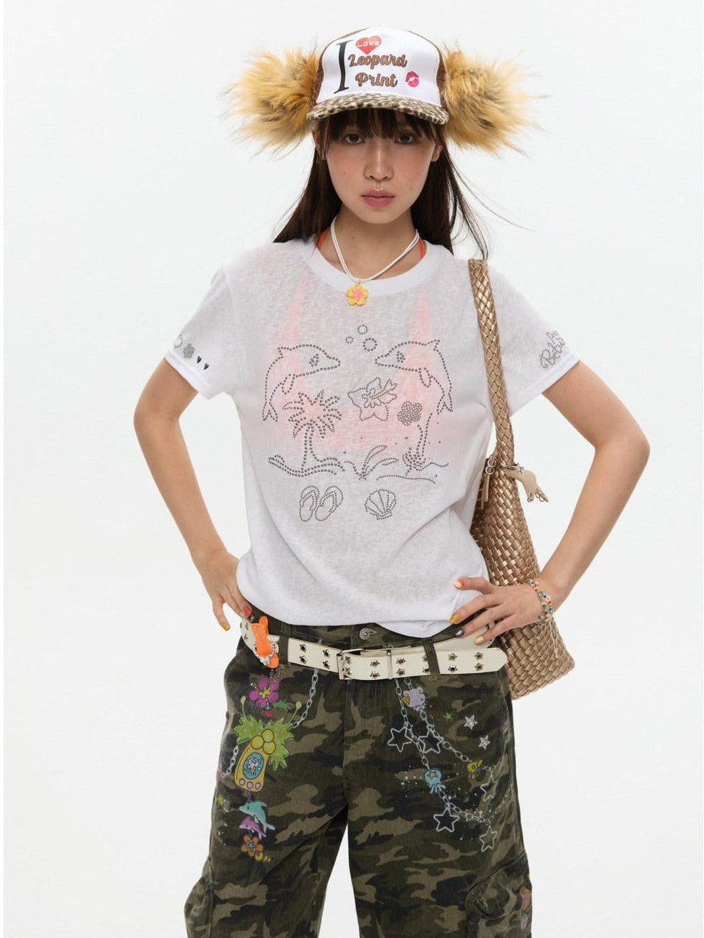 Dolphin Beaded Illustration Print Women's Bamboo Cotton Short Sleeve T-shirts
