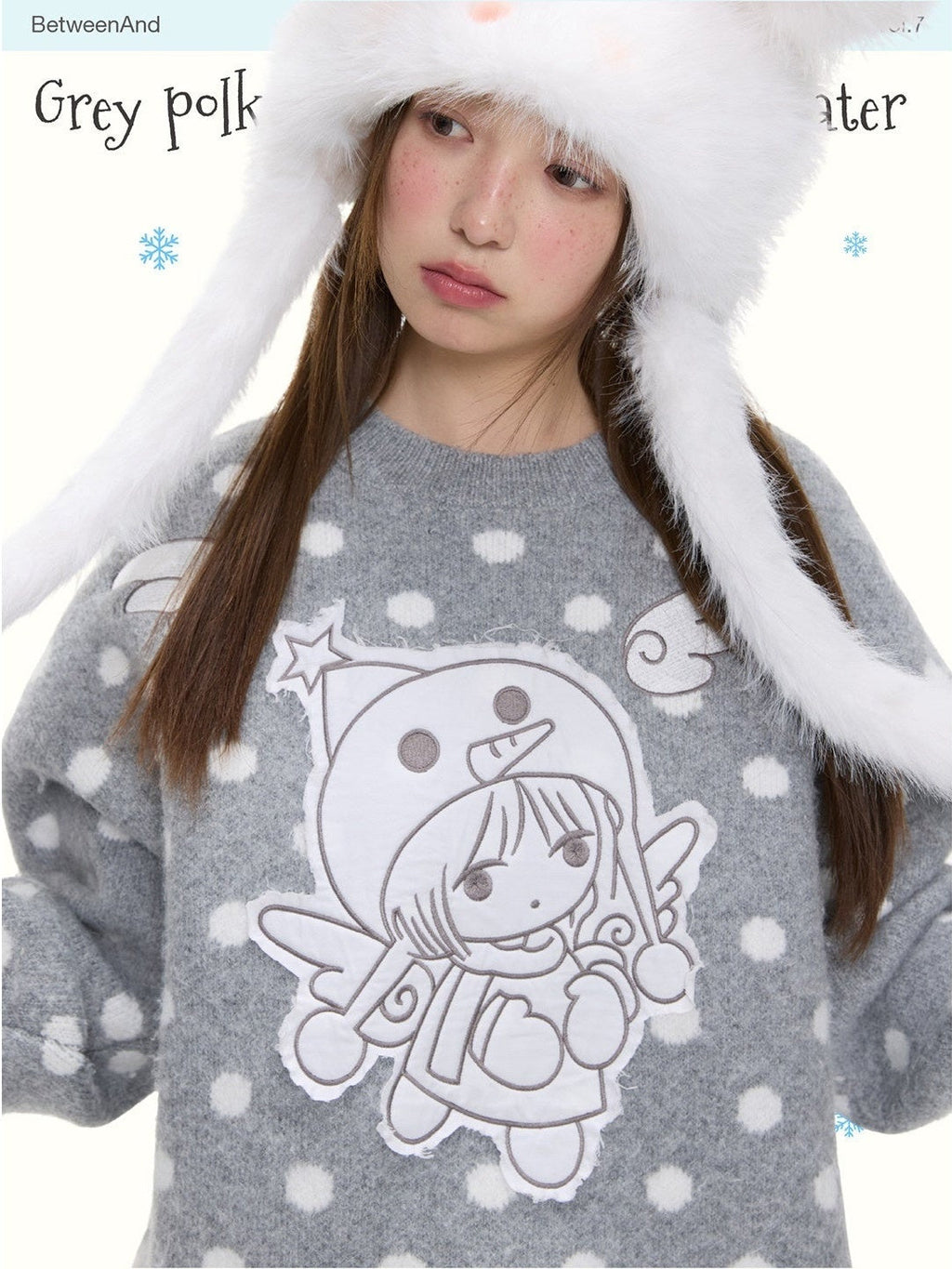 Gray Polka Dot Applique Angel Embroidery Jacquard Women's Sweaters