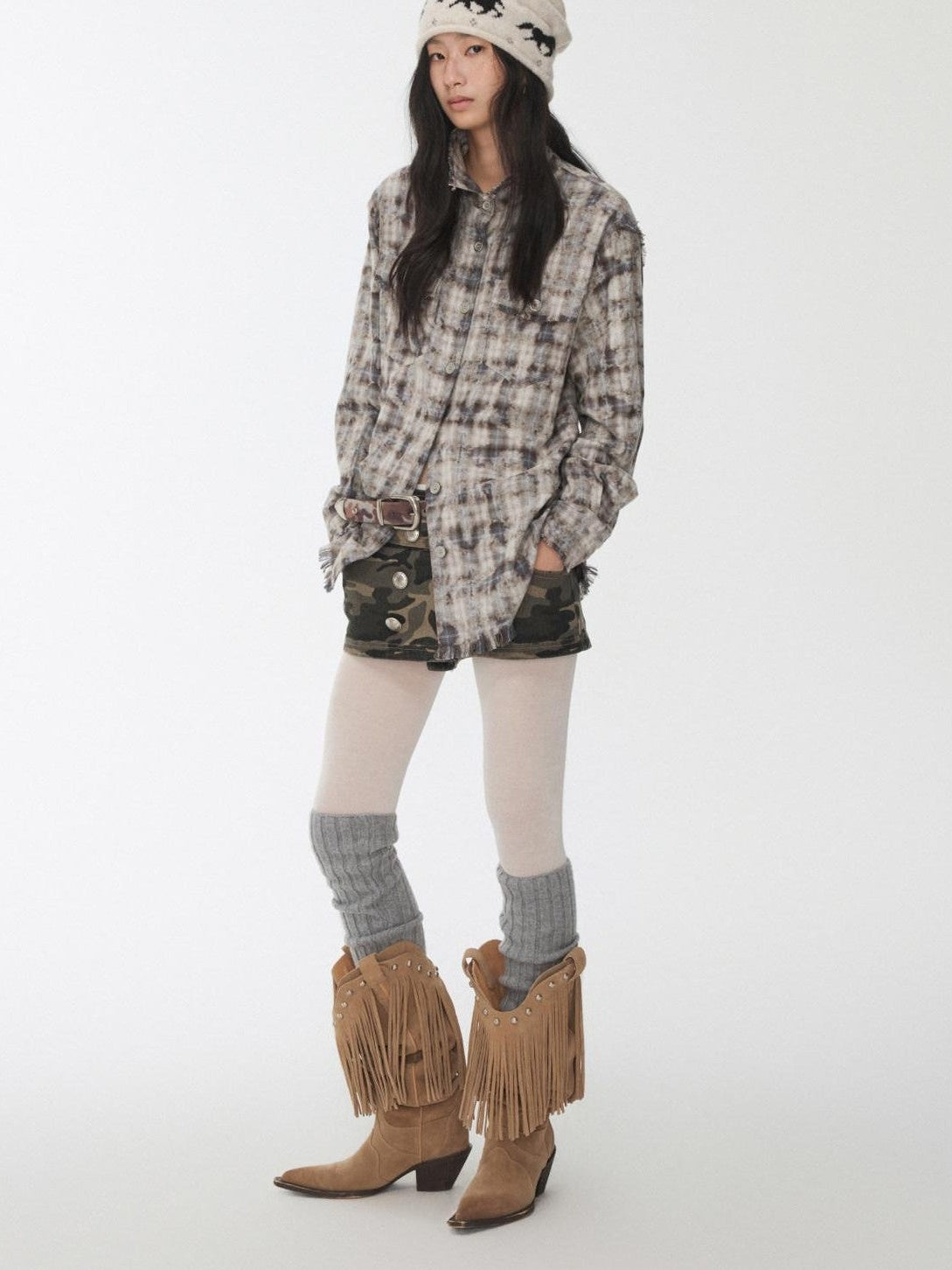 Distressed Frayed Plaid Slim Round Neck Drop Shoulder Women's Cotton Overshirts