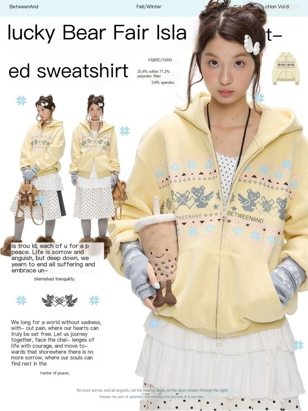 Yellow Fair Isle Bear Print Fleece Lined Women's Polyester Blend Zip-up Hoodies