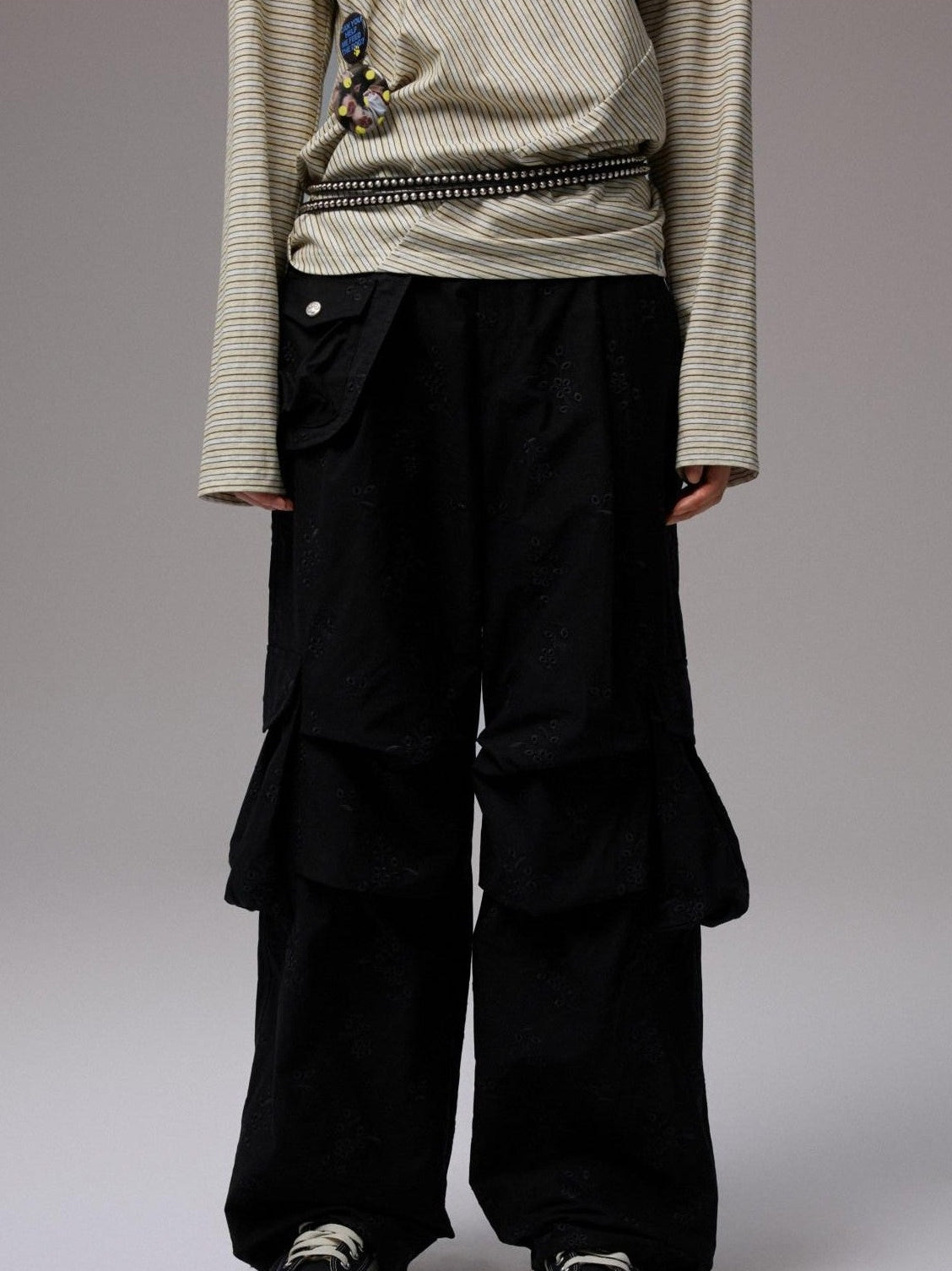 Pleated Balloon Embroidered Multi Pocket Women's Jacquard Cargo Pants
