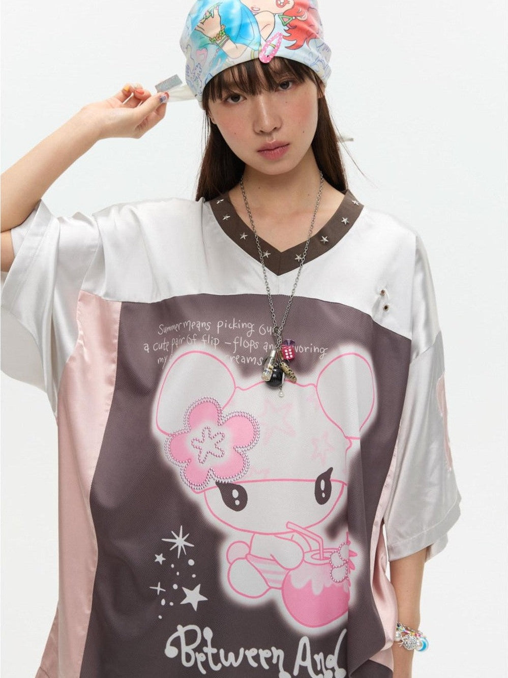Silver Patchwork Printed Breathable Women's Polyester Oversized T-shirts