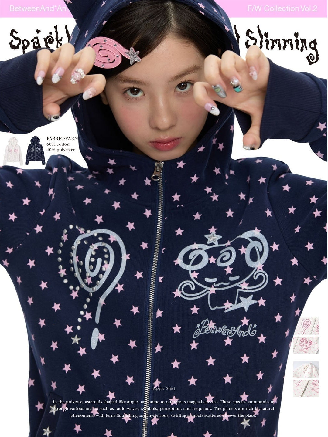 Glitter Little Devil Double Zipper Slim Fit Women's Cotton Blend Zip-up Hoodies