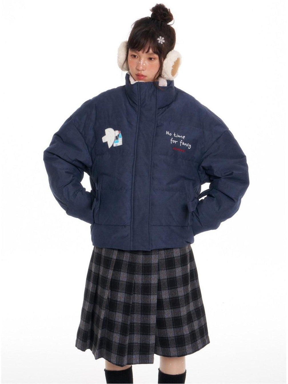 Denim Look Printed Bow Pocket Loose Women's Cotton Puffer Jackets