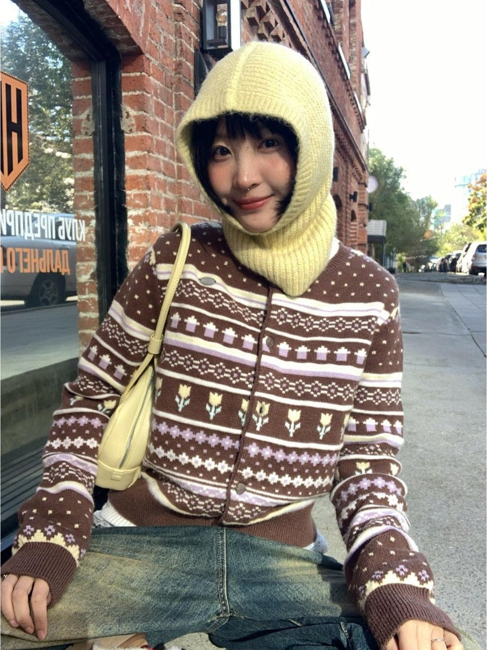 Two Tone Fair Isle Jacquard Animal Women's Wool Blend Cardigans
