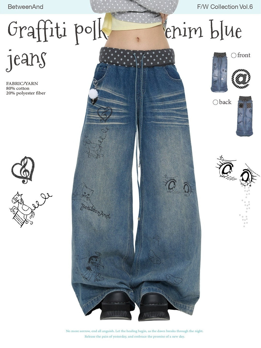 Graffiti Polka Dot Patch Washed Pleated Women's Cotton Blend Barrel-leg Jeans