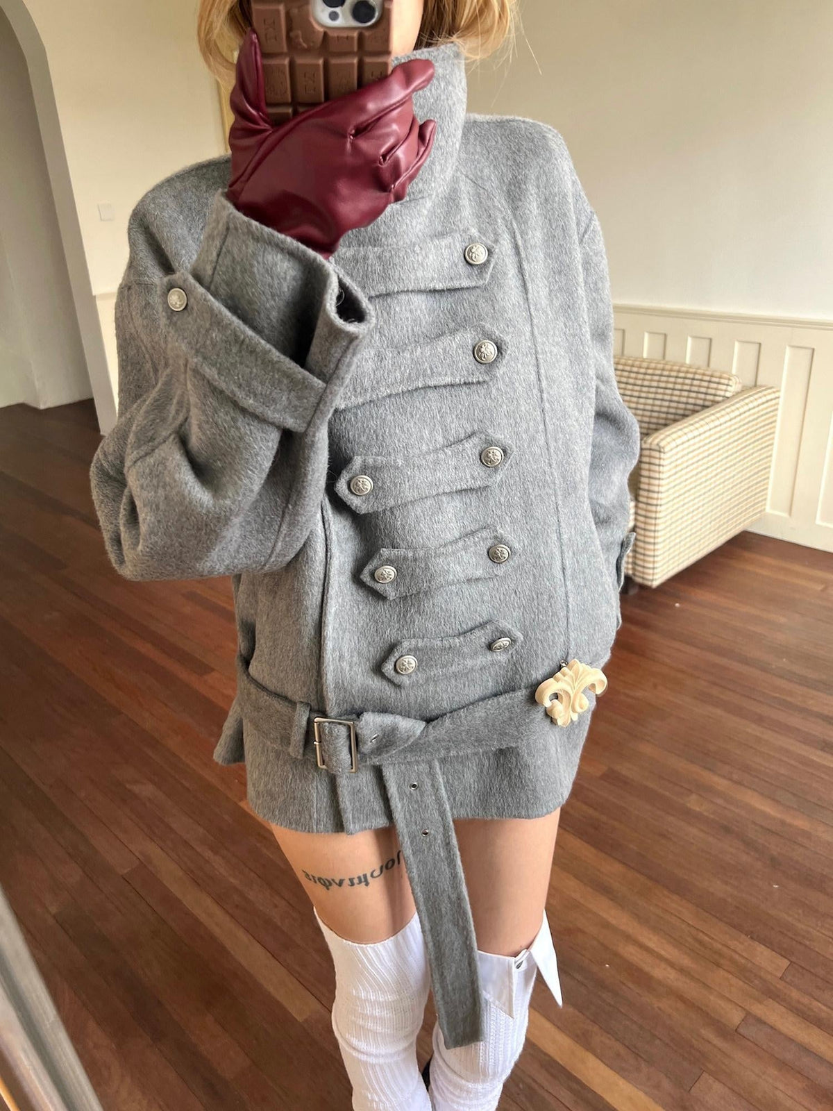 Warm Wool Blend Pleated Biker Collar Unisex Double Breasted Cropped Wool Coats