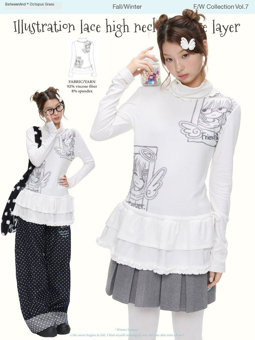 White Printed Lace Layered High Neck Women's Viscose Blend Long Sleeve T-shirts