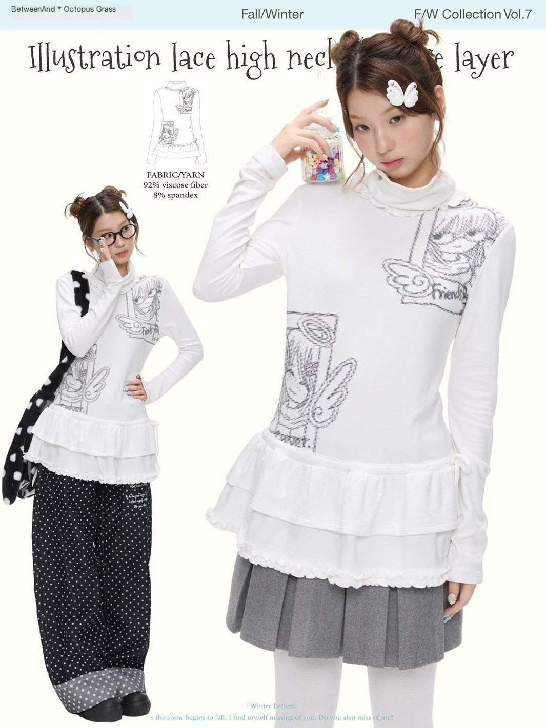 White Printed Lace Layered High Neck Women's Viscose Blend Long Sleeve T-shirts