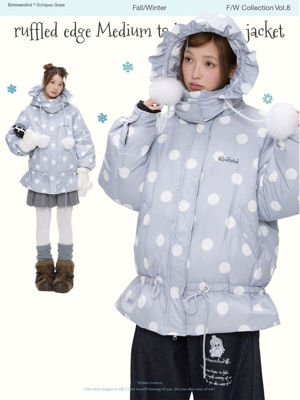 Grey White Polka Dot Ruffle Trim Women's White Duck Down Long Down Jackets