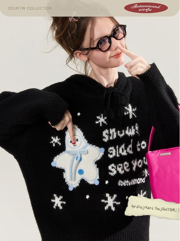 Black Snowman Jacquard Embroidered Knit Women's Acrylic Wool Blend Hoodies