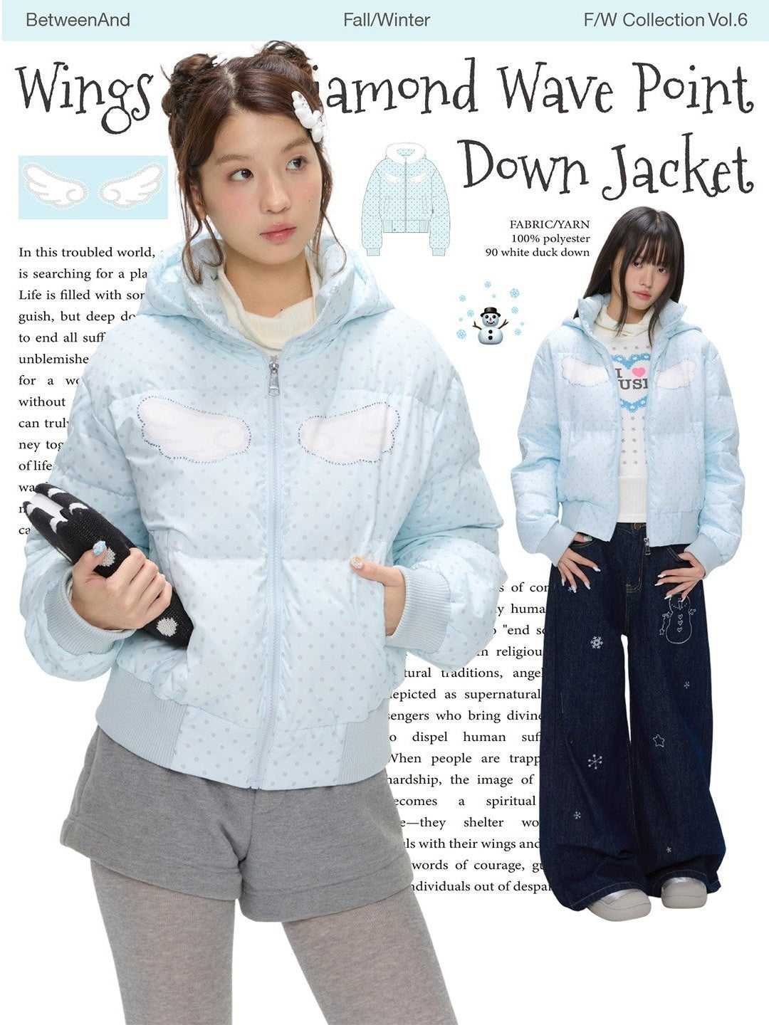 Baby Blue Polka Dot Rhinestone Print Hooded Women's Polyester Down Jackets