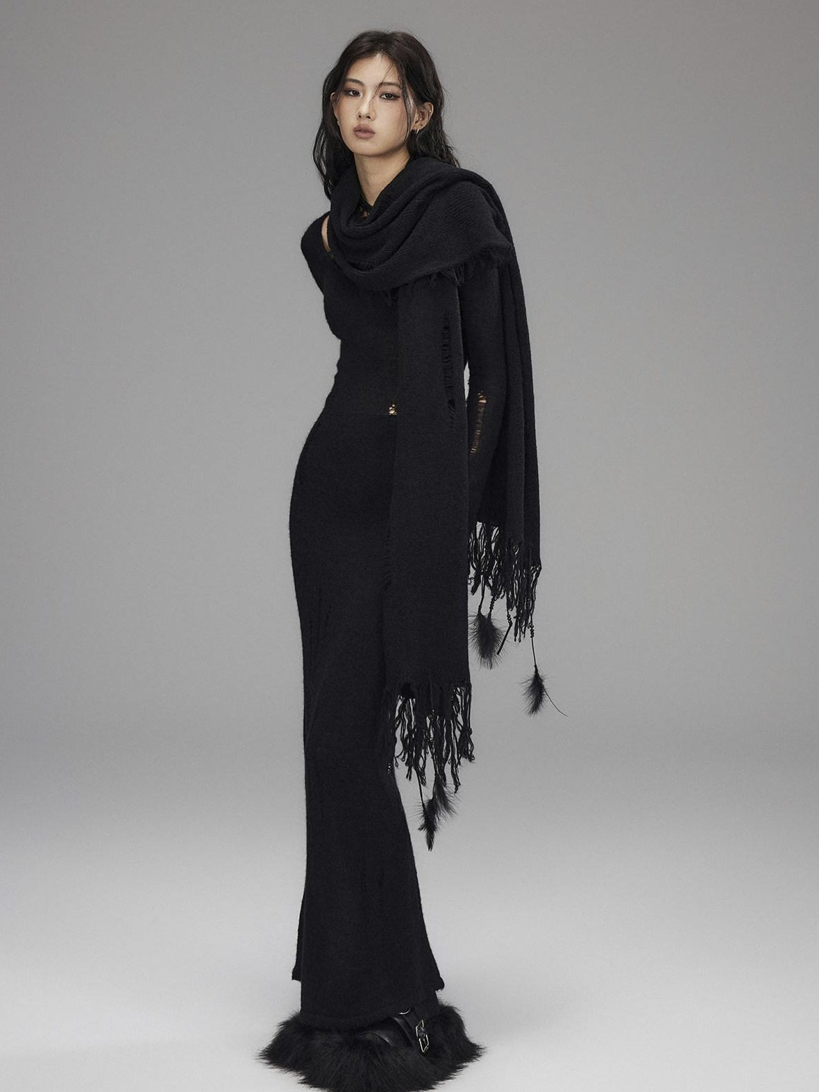 Waist Defining Wool Knit Tassel Casual Long Sleeve Round Neck Black Maxi Dresses
