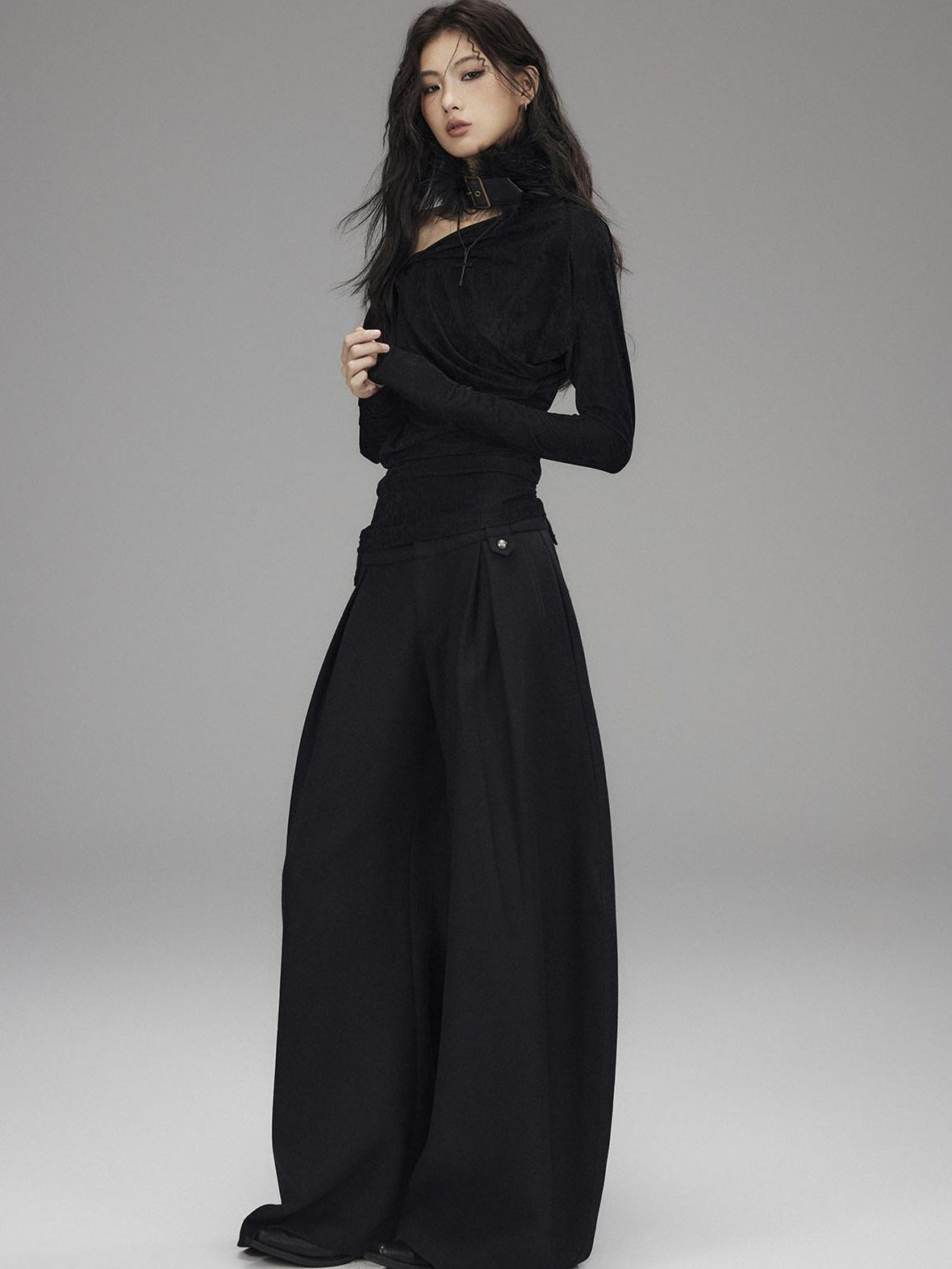 Vintage Waist Long Sleeve Slant Neck Black Knit Women Off Shoulder Crop Tops