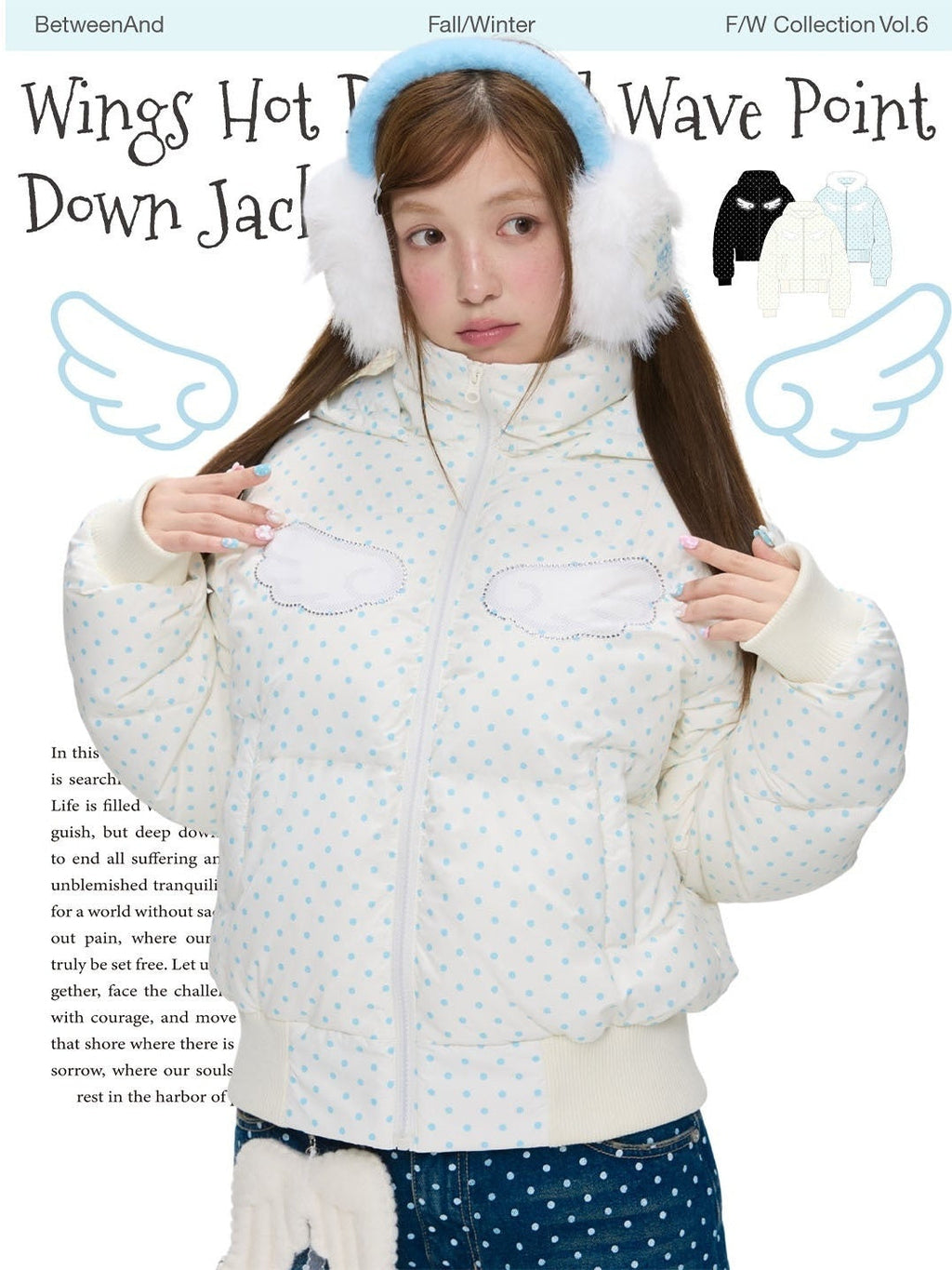 Baby Blue Polka Dot Rhinestone Print Hooded Women's Polyester Down Jackets