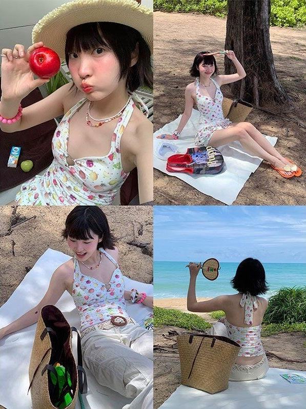 Fruit Polka Dot Allover Print Ruffle V-neck Women's Matching Skirt Sets