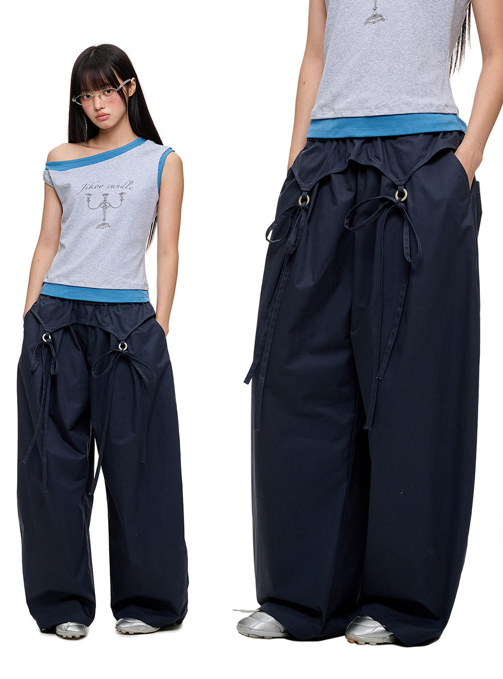 Draped Ribbon Detail Loose-Fit Pants