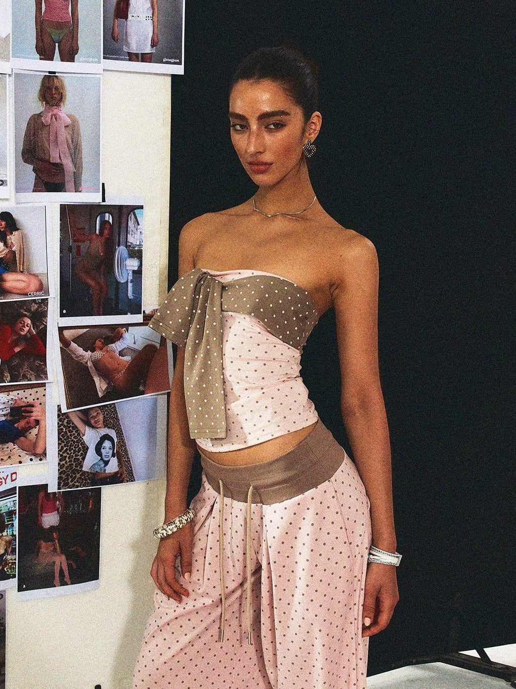 Polka Dot Cotton Two Piece Colorblock Sexy High Waist Pants Tube Tops