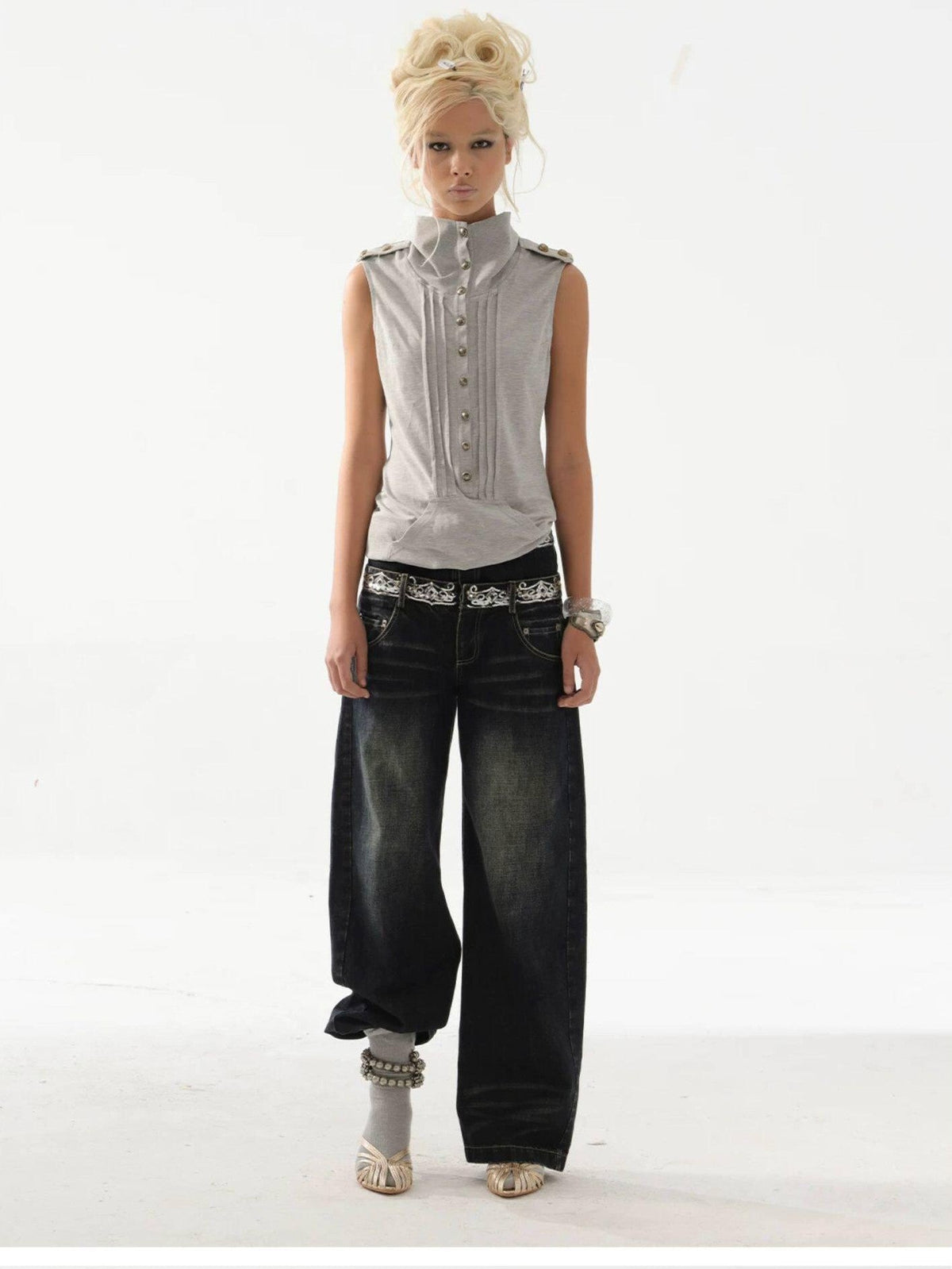 Metal Button Epaulet Convertible Half High Neck Women'S Cotton Blend Tank Tops