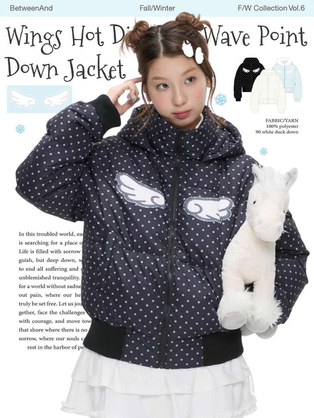 Baby Blue Polka Dot Rhinestone Print Hooded Women's Polyester Down Jackets