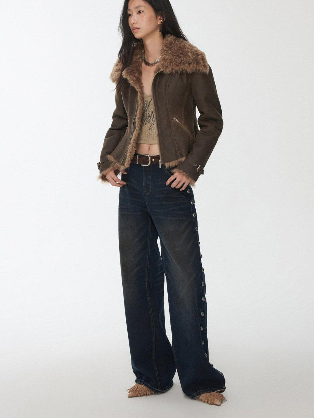 Mud Dyed Washed Distressed Studded Women's Denim Wide-leg Jeans