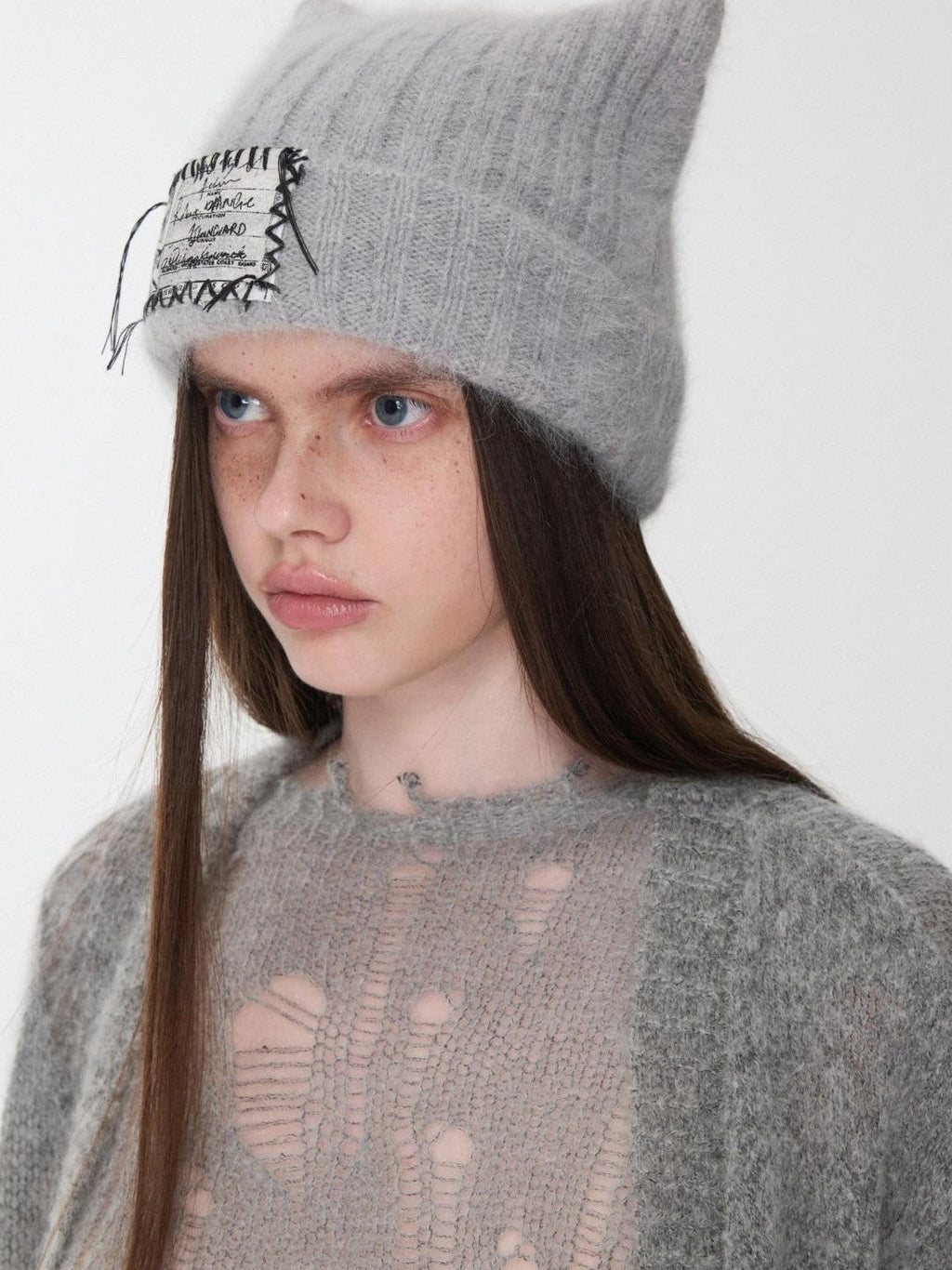 Cat Ear Hand Sewn Label Solid Color Women's Long Rabbit Fur Knit Beanies