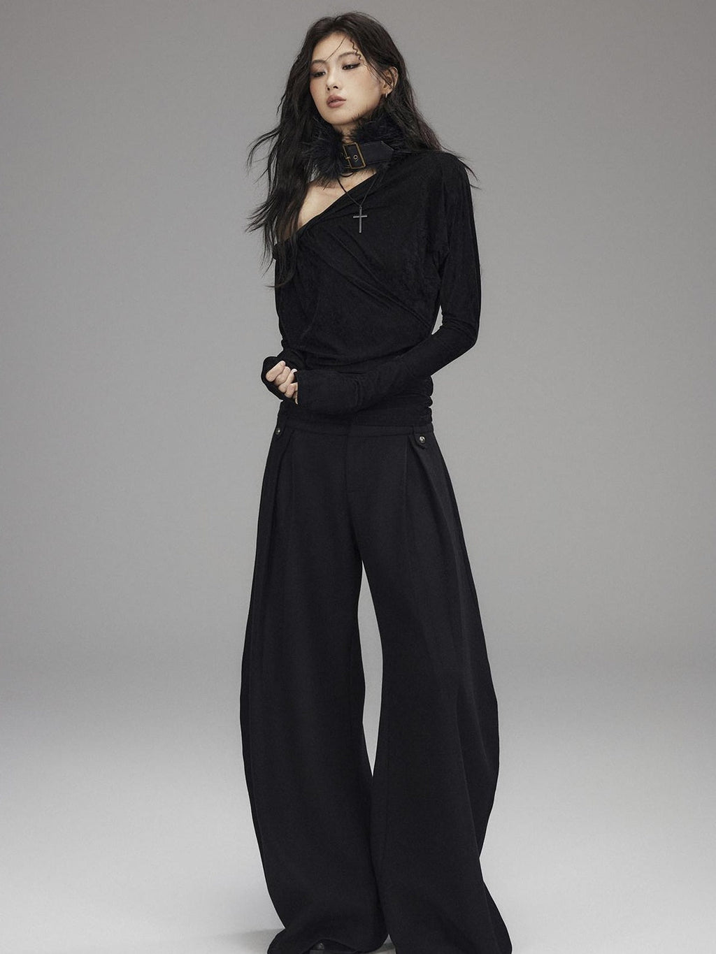 Black Wool Blend Low Rise Zipper Casual Straight Hem Women Wide Leg Pants