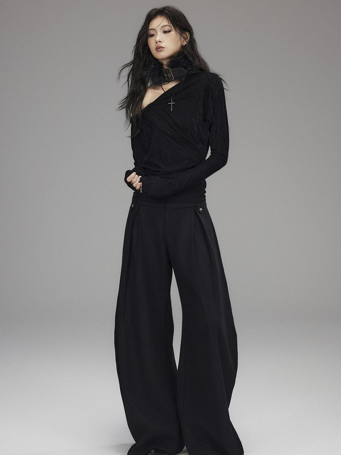 Black Wool Blend Low Rise Zipper Casual Straight Hem Women Wide Leg Pants