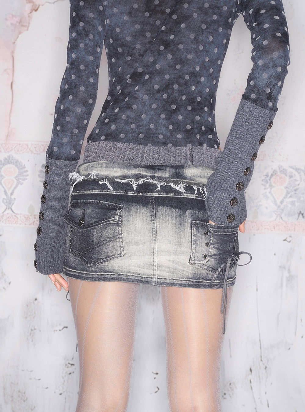 Vintage Lace-Up Denim Mini Skirt