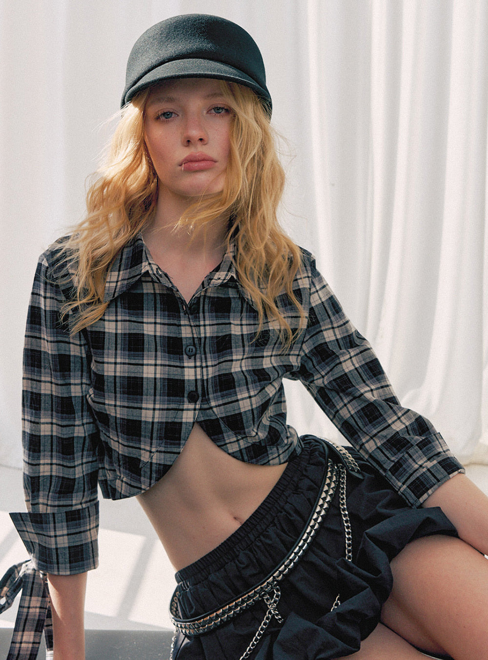 Plaid Tie-Sleeve Cropped Shirt