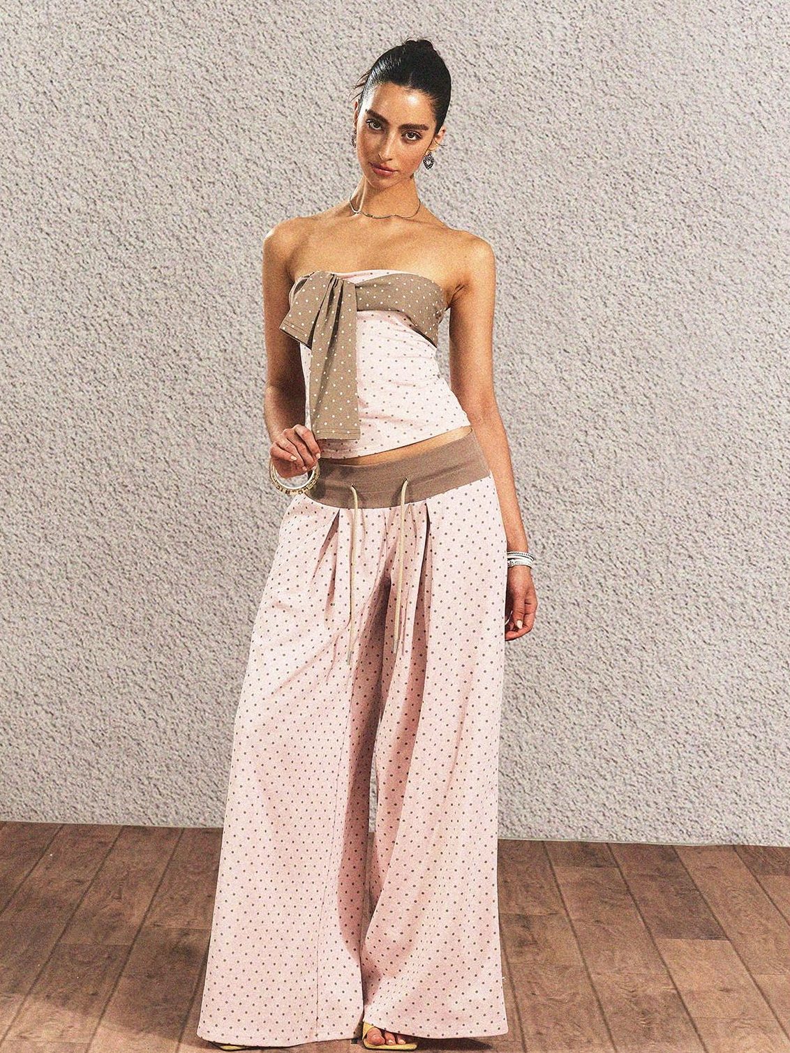 Polka Dot Cotton Two Piece Colorblock Sexy High Waist Pants Tube Tops