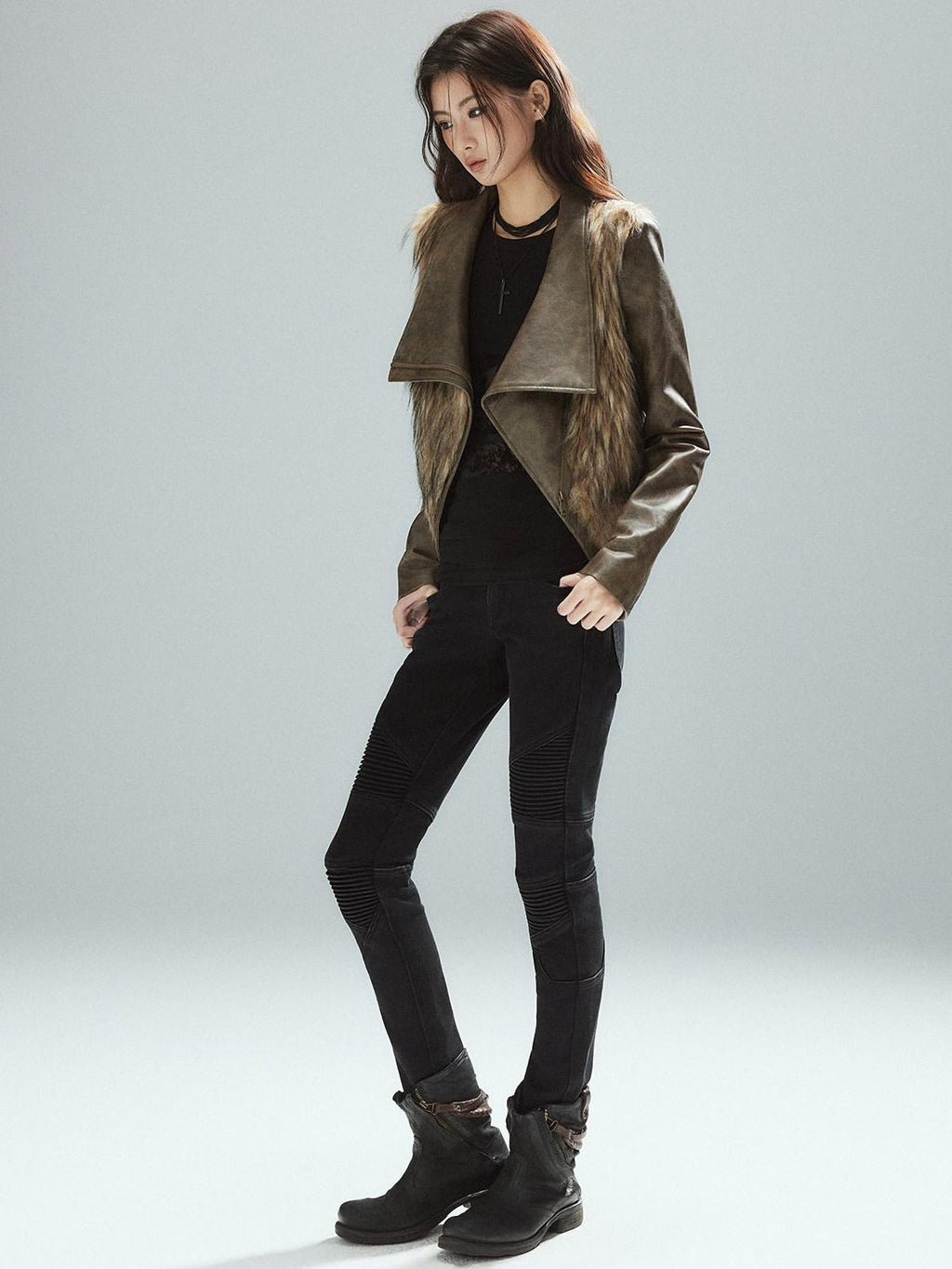 Thick Waist Cinch Patchwork Street Style Women Brown Zipper Lapel Cropped Jackets