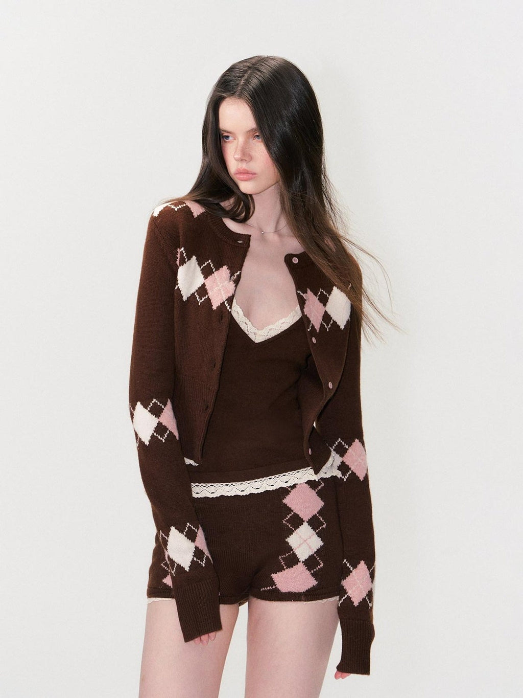 Cashmere Blend Sexy Argyle Button Cardigan Shorts Women Top & Shorts Sets