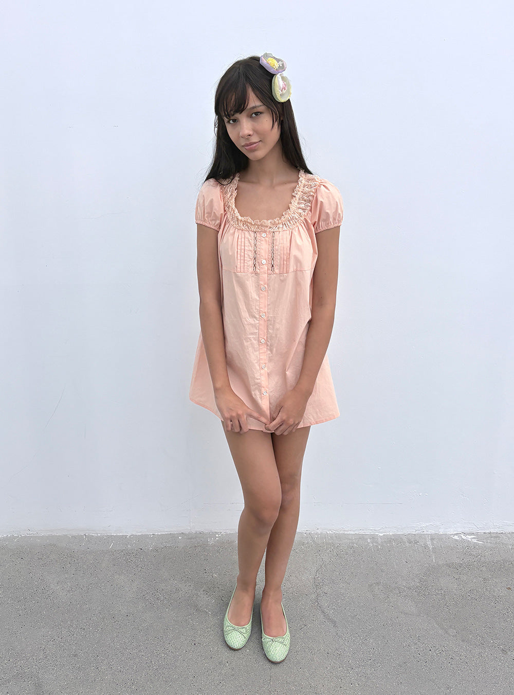 Peach Lace Puff Sleeve Mini Dress
