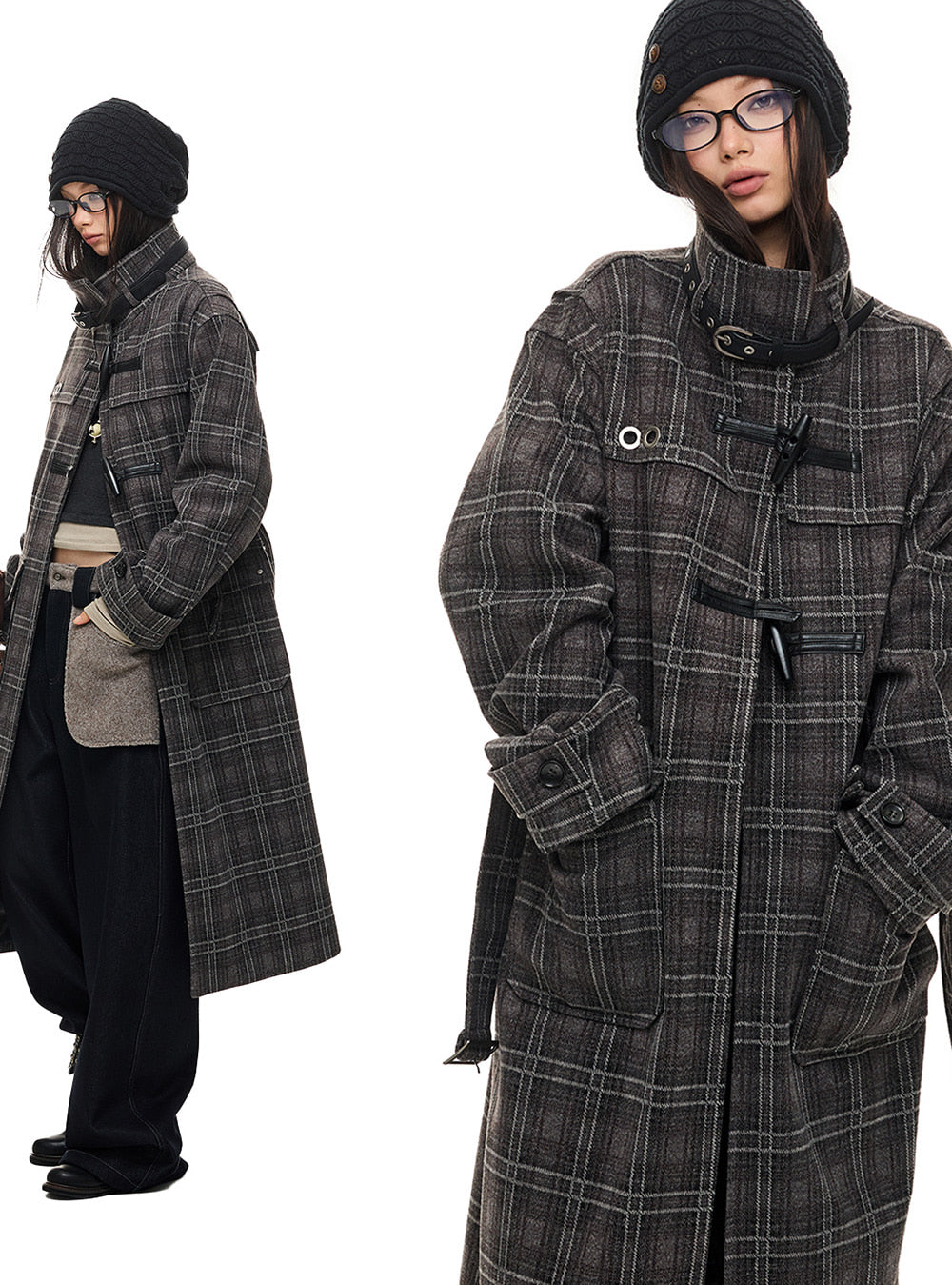 Stand-Neck Check Pattern Long Coat