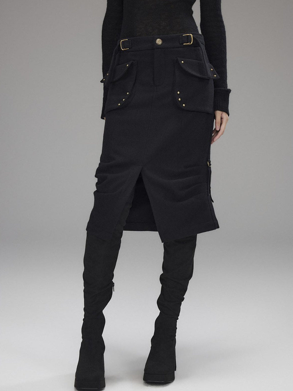 Wool Blend Low Rise Cargo Pockets Front Slit Hline Casual Black Midi Skirts