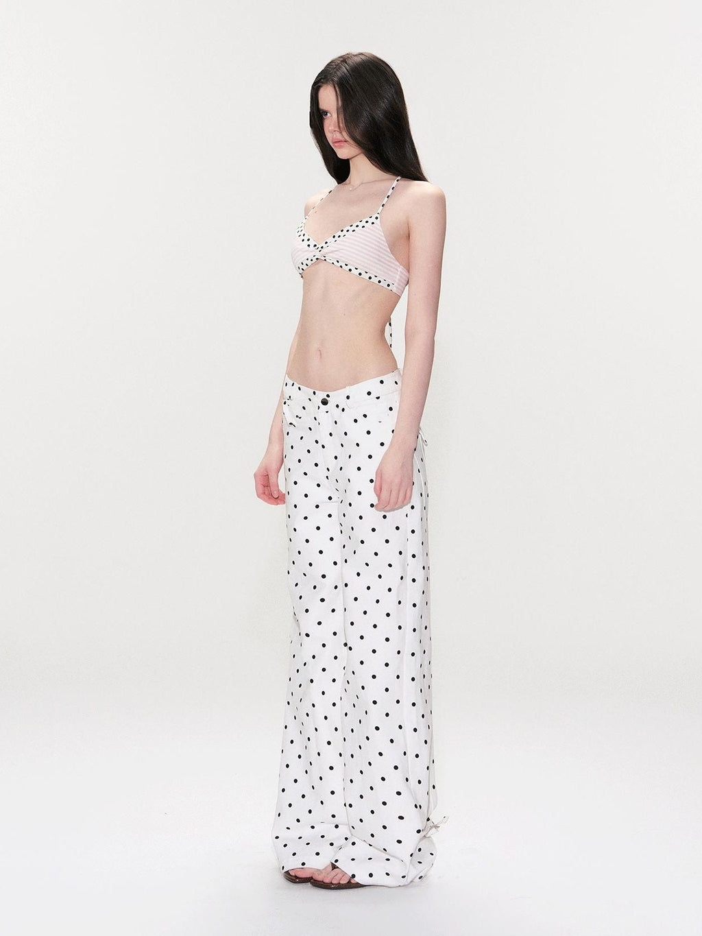 White Polka Dot V Waist Loose Fit Button Fly Women Denim Straight Leg Jeans