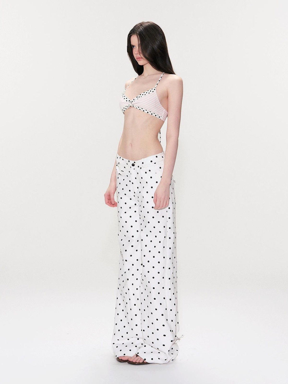 White Polka Dot V Waist Loose Fit Button Fly Women Denim Straight Leg Jeans