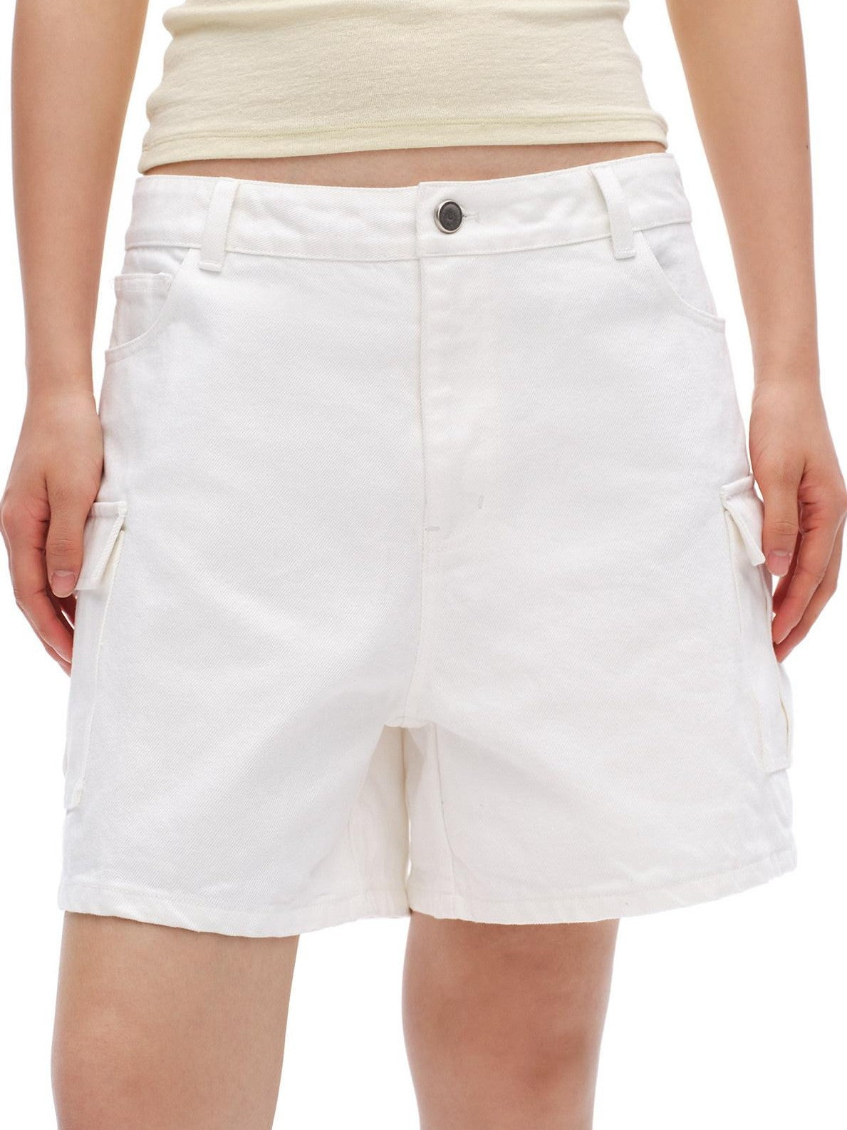 White Vintage Bermuda Cargo Button Fly Pocket Women'S Cotton Denim Shorts