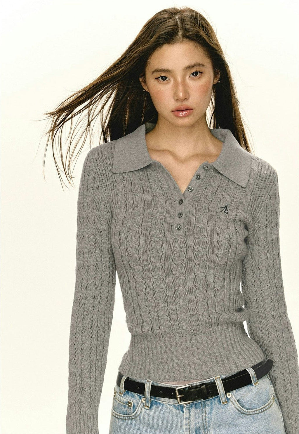 Half-Button Cable Knit Polo Sweater
