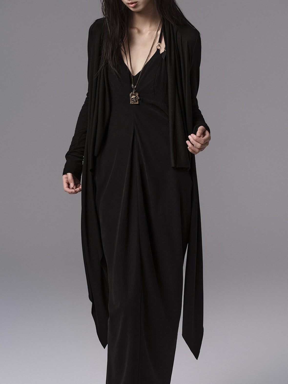 Pure Cupro Slim Fit Dark Gothic Vneck Camisole Women Black Zip Back Maxi Dresses
