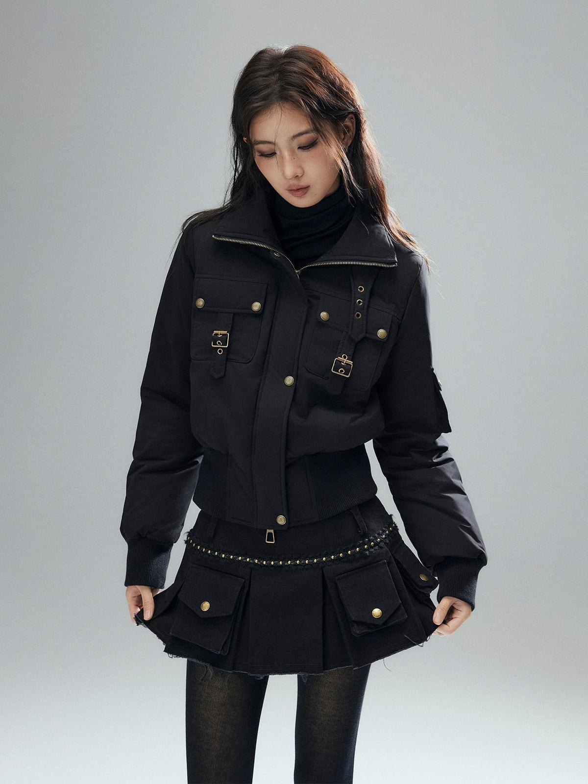 100% Cotton Low Waist Pleated A Line Sexy Women Daily Black Mini Skirts